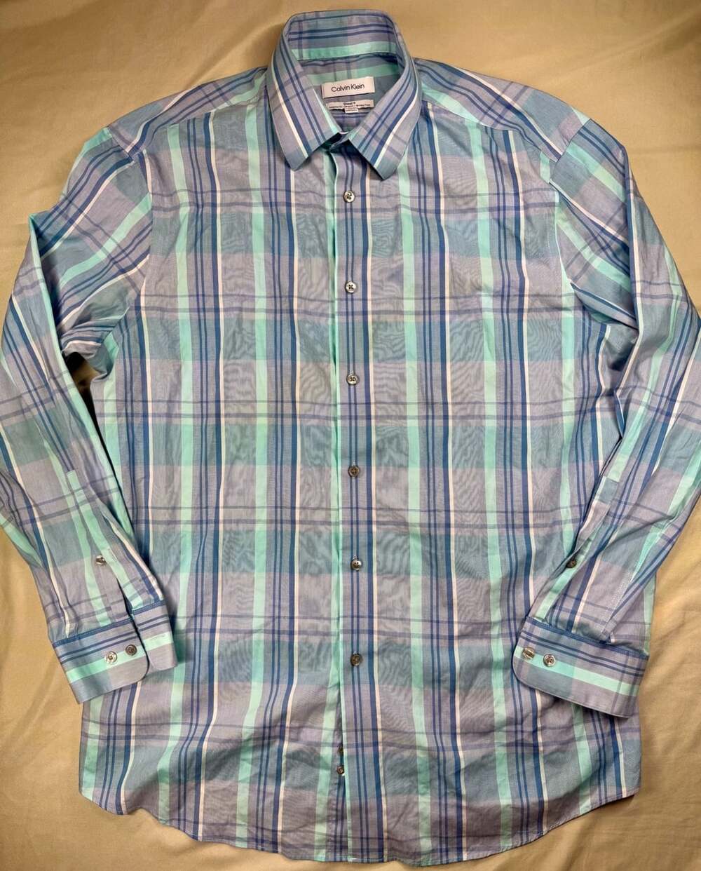 Calvin Klein Steel+ Regular Fit Stretch  Blue Plaid Dress Shirt Size L 16 32/33